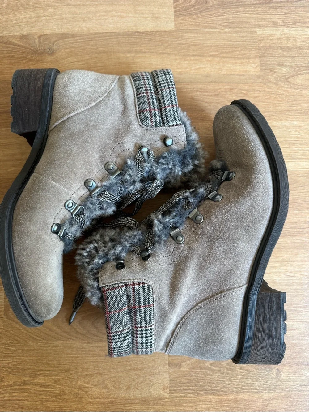 Sam Edelman Darrah Suede Lace Up Faux FurWinter Combat Boots Putty Gray wmn 7